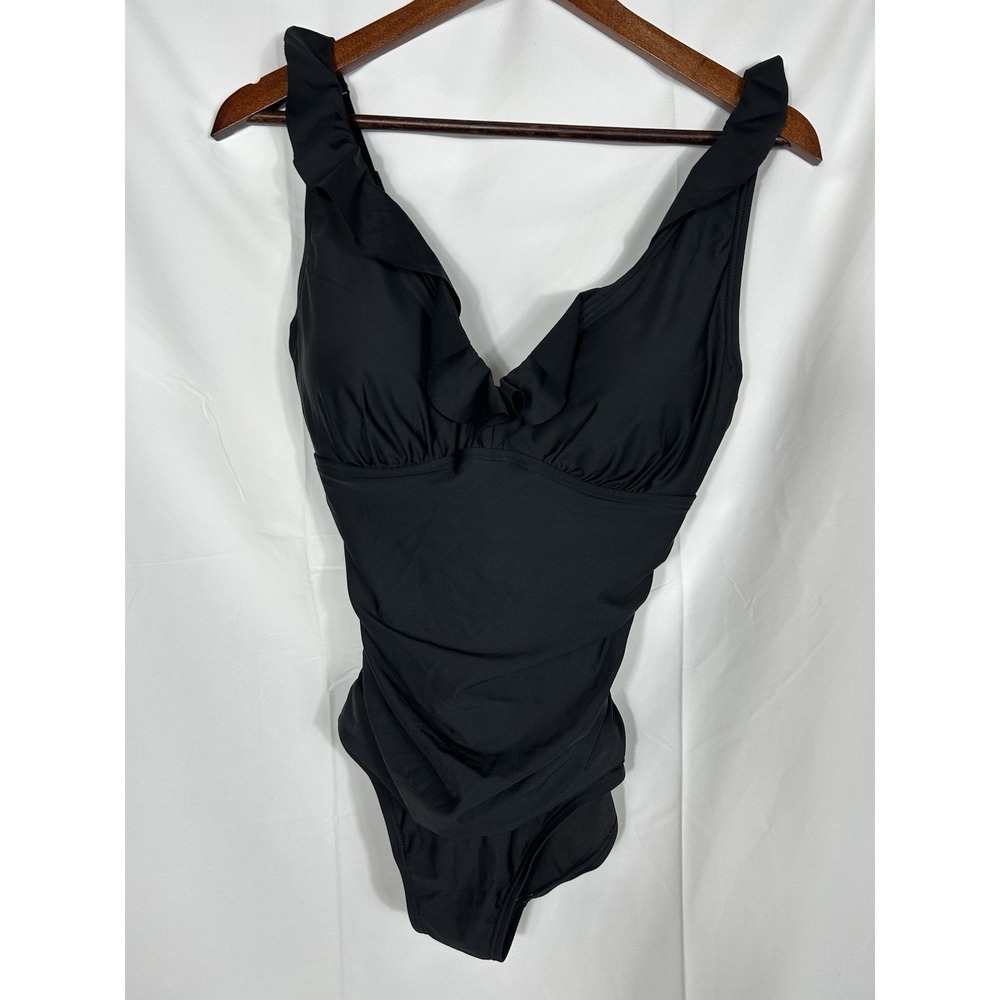 DKNY Womens Ruffle Plunge V-Neck One Piece Swimsuit Solid Black‎ Size M NWT - Picture 1 of 8